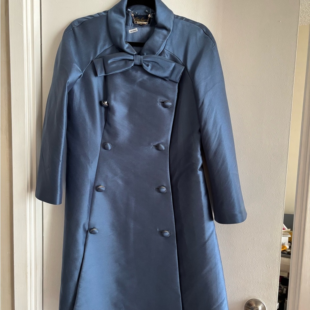 Women's Double-Breasted Bow Collar Peacoat in Slate Blue